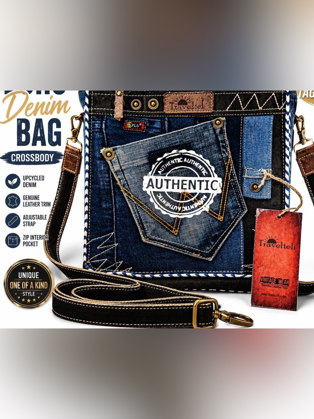 TravelTeli Denim Crossbody Messenger Bag in Blue with Leather Trim